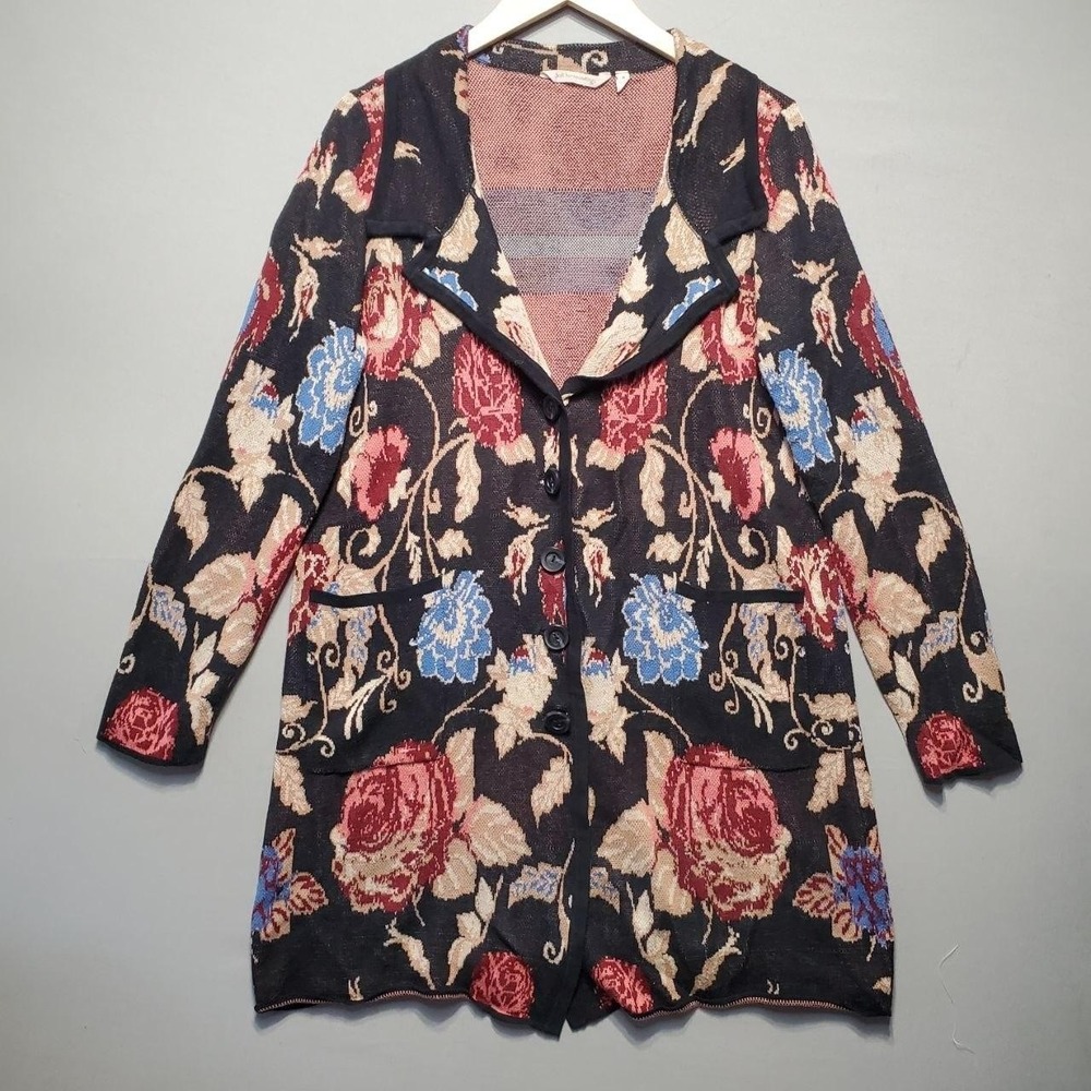Soft Surroundings Cardigan‎ Womens Medium Black Floral Button Boho Cottagecore